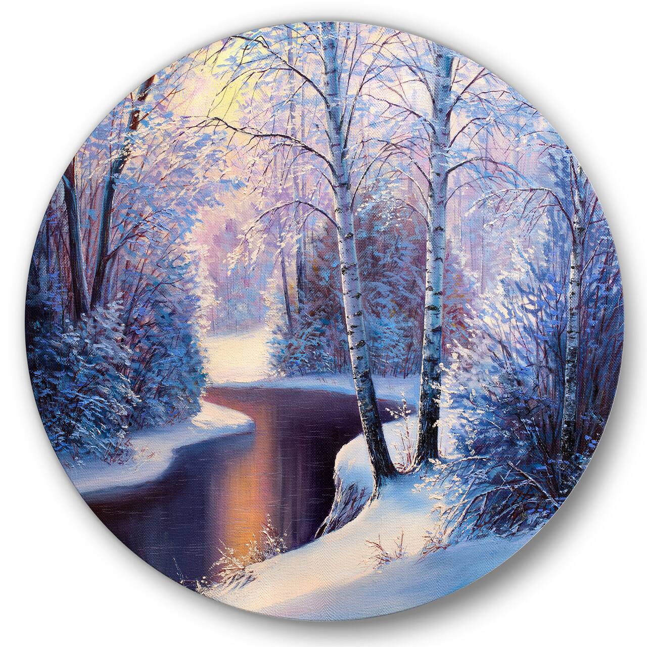 Designart - Christmas Forest With River and Trees I - Traditional Metal Circle Wall Art